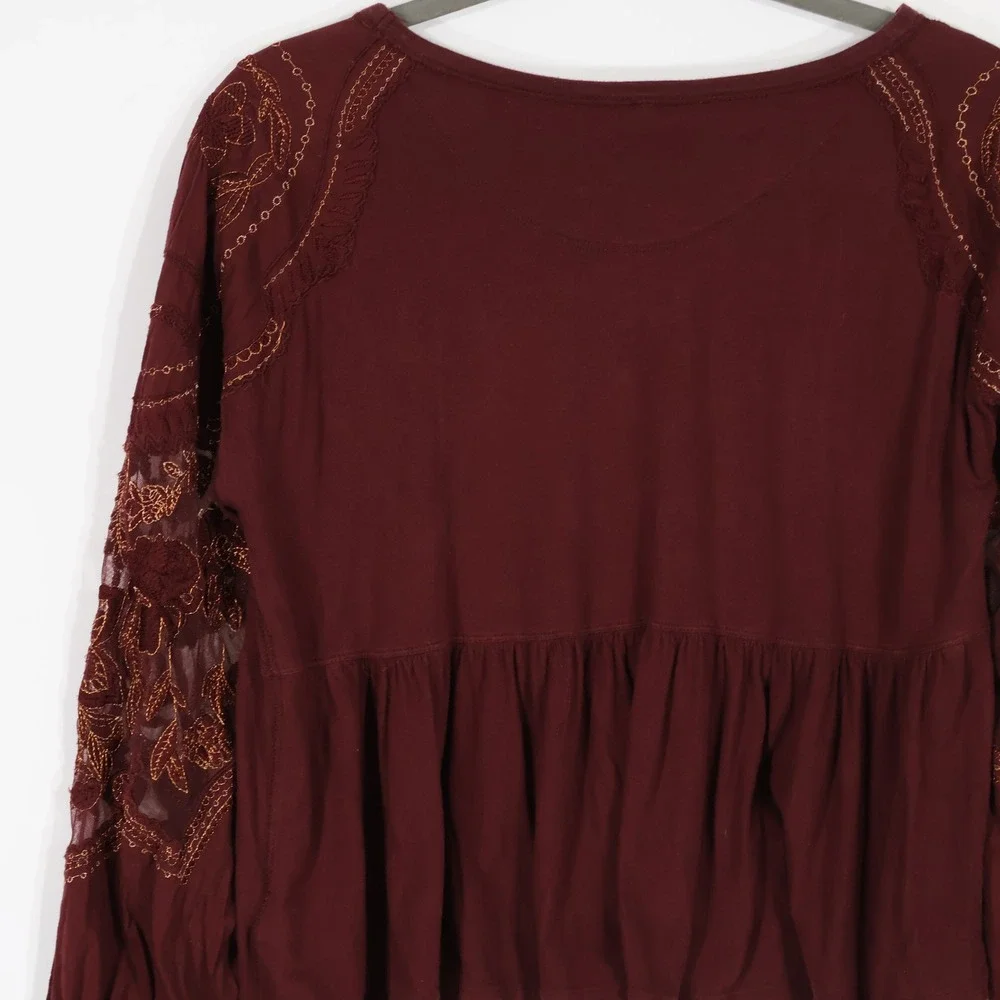 Free People Embroidered Mesh Sleeve Top Women Small Maroon Boho Babydoll